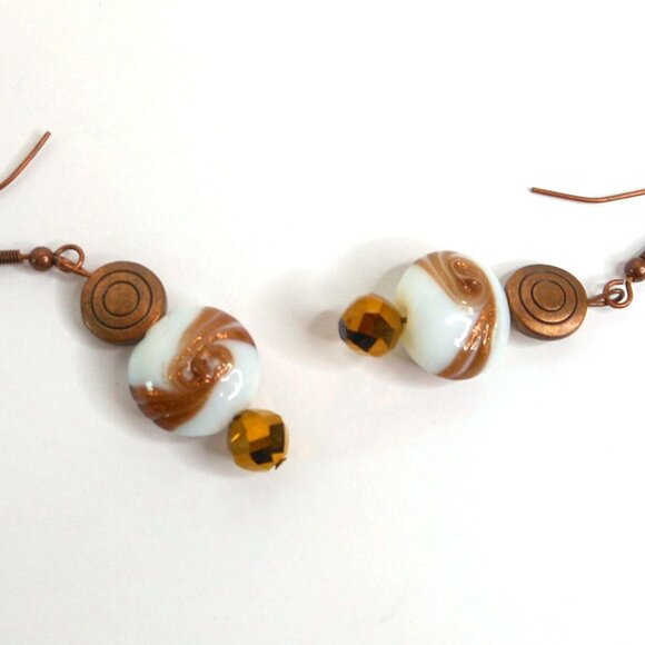 Handmade Copper Tone Glass Swirl Dangle Earrings Boho Festival Jewelry 2 1/8" - Picture 5 of 5